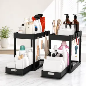 2PCS Under Sink Organizer, 2 Tier Bathroom & Kitchen Cabinet Organizer with Sliding Basket, Multi-Purpose Under Sink Storage for Kitchen and Bathroom