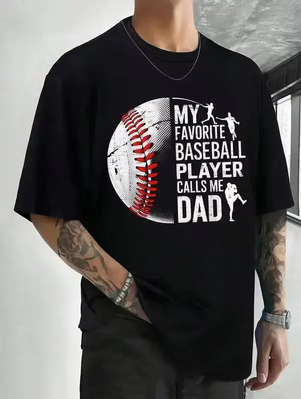 Men's Clothing Baseball Dad Sport Printed Black Cotton Tshirt, Casual Crew Neck Summer Top, Unisex Style, 5XL