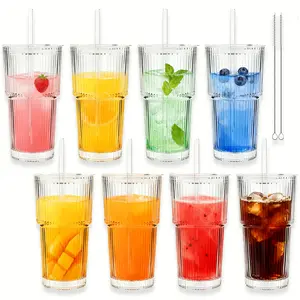 Ribbed Glass Cups with Lids and Straws | 6/8Pack 20oz Thickened Tumbler Set | Ideal for Coffee, Smoothies, Cocktails & Juices