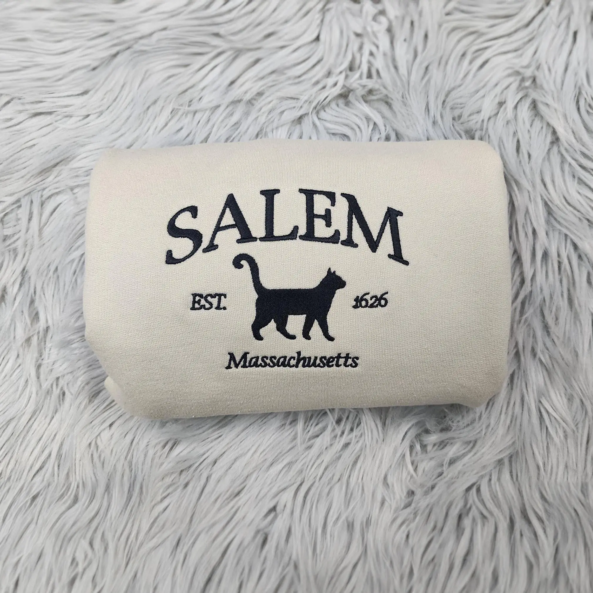 Salem Massachusetts Embroidered Crewneck Black Cat Logo Crewneck Gothic New England Halloween Sweater