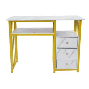Large Multifunctional Manicure Table with 3 Drawers 100cm Gold White Storage Desk for Living Room Office Nail Salon Beauty Salon