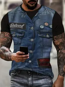 Trendy Men's Faux Denim Vest, Unique Badge Design, Vintage Workwear Style, Casual Riding Essential, Loose-Fitting Short Sleeve