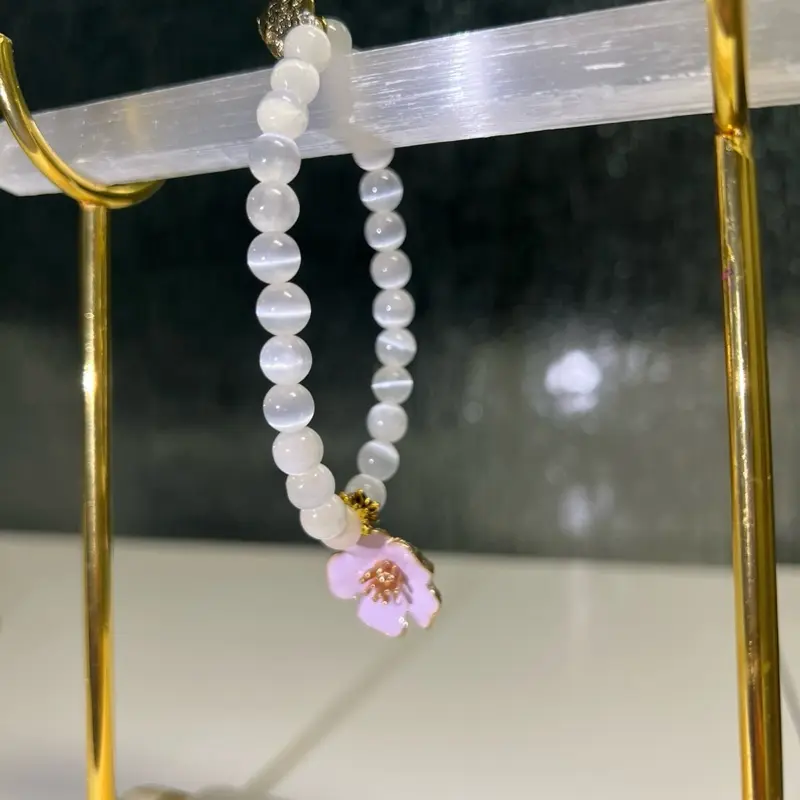 Natural Selenite Decorative Crystal with Dried Rose Hibiscus Flower Accent, Elegant Home Decor for a Tranquil Look and Calming Properties, Office Decor, Indoor, Room Decor, Selenite Crystal
