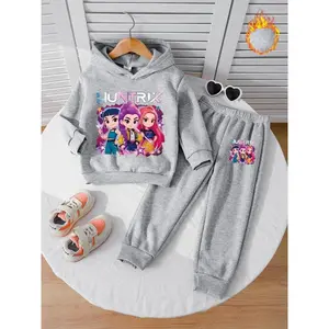 Girls’ long-sleeve Magic Hunter team hoodie set with a cute cartoon print, paired with casual wool pants—autumn and winter fashion