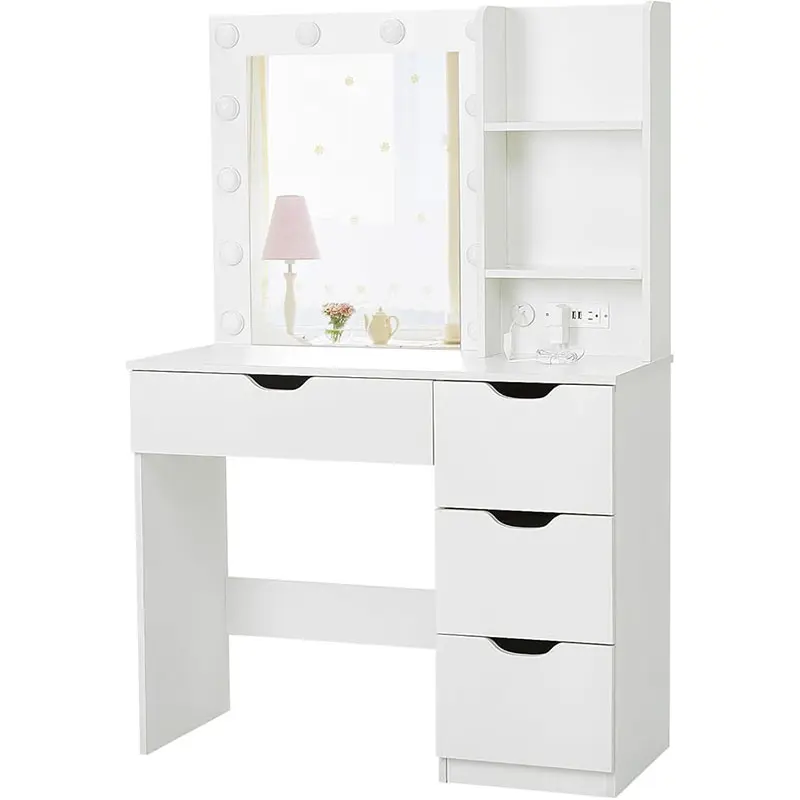 Vanity Desk with Mirror & USB Charging Station - 4-Drawer Makeup Table (3 Lighting Modes Adjustable Brightness) with Hidden Storage Stool, Design Bedroom Vanity