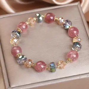 Strawberry Crystal Beaded Bracelet – 8mm Multicolor Lucky Stone Jewelry for Women, Stylish Daily Wear Gift, Positive Energy Healing Beads