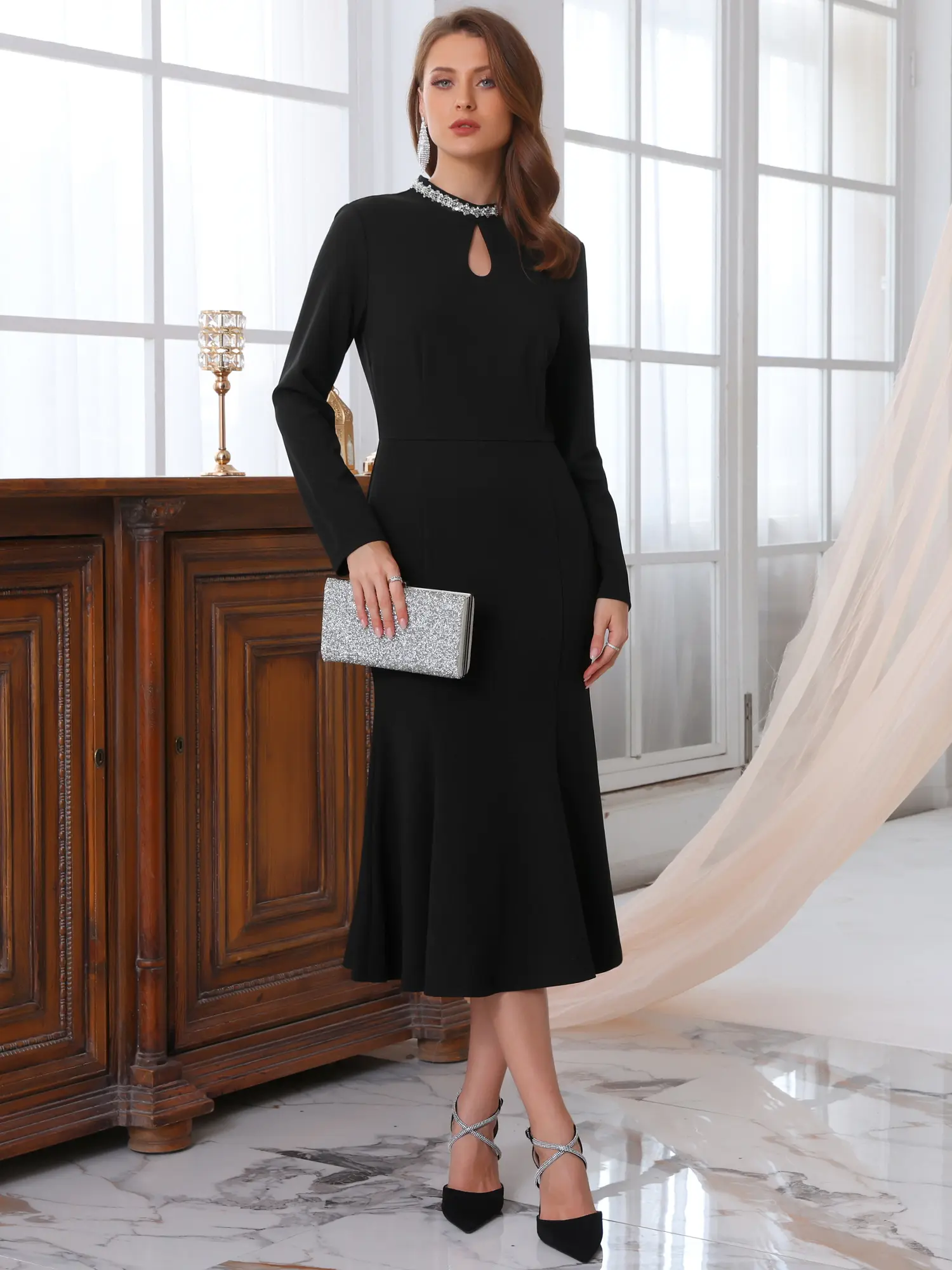 INSPIRE CHIC Women's Evening Fishtail Dress Long Sleeve Sequin Trim Bodycon Formal Cocktail Midi Dresses