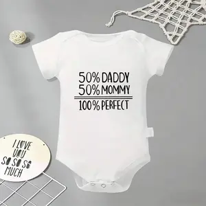 50 Daddy 50 Mommy 100 Perfect Baby Bodysuit, Funny Infant Newborn Clothes 100% Cotton Jumpsuits Baby Boys Girls Casual Rompers Baby Gift Baby Short Sleeves Onesie Clothes Letter Pattern Baby Outfit for Outdoor Indoor