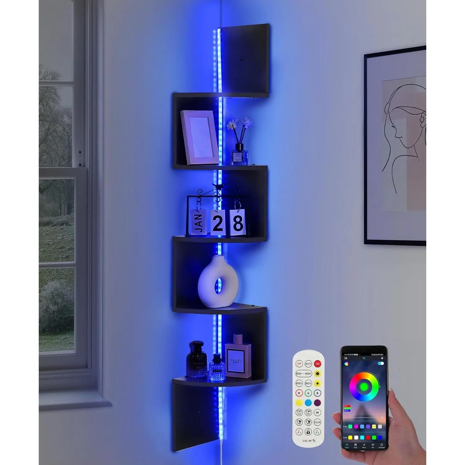 5 Tiers Corner Shelf with RGB LED Lights, Wall Mount 49.2" Floating Display Shelf for Living Room, Bedroom,  Office Decor