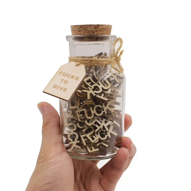 Retro Glass Jar with Handwritten Font Style Wooden Letters "Fucks to Give" - Funny Gag Gift, Emotional Expression Home Office Desk Decoration, Edgy Birthday Gift for Friends