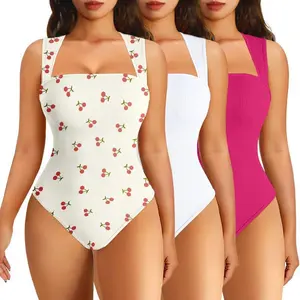 Vista X fitness Women's 3-Piece Printed Bodysuit Set Ribbed Square Neck Sleeveless Stretchy Top Nylon Spandex Casual Chic Elegant Comfortable