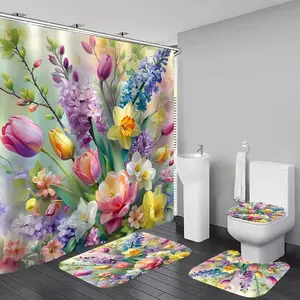 Spring Floral Pattern Bathroom Decor Set Bathroom 4pcs Shower Curtain & Flannel Bath Mat Set