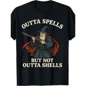 Outta Spells But Not Outta Shells Wizard Fantasy Meme T-Shirt | Fashion Boutique, Casual Wear, Crew Neck, Vintage Style, Regular Fit, Slight Stretch Fabric, Drawing Pattern, Perfect for Adults