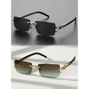 2 Pcs Frameless Rectangular Sunglasses, Trendy Personalized Eyewear, Fashion Casual Shades for Daily Life And Outdoor Daily Occasions