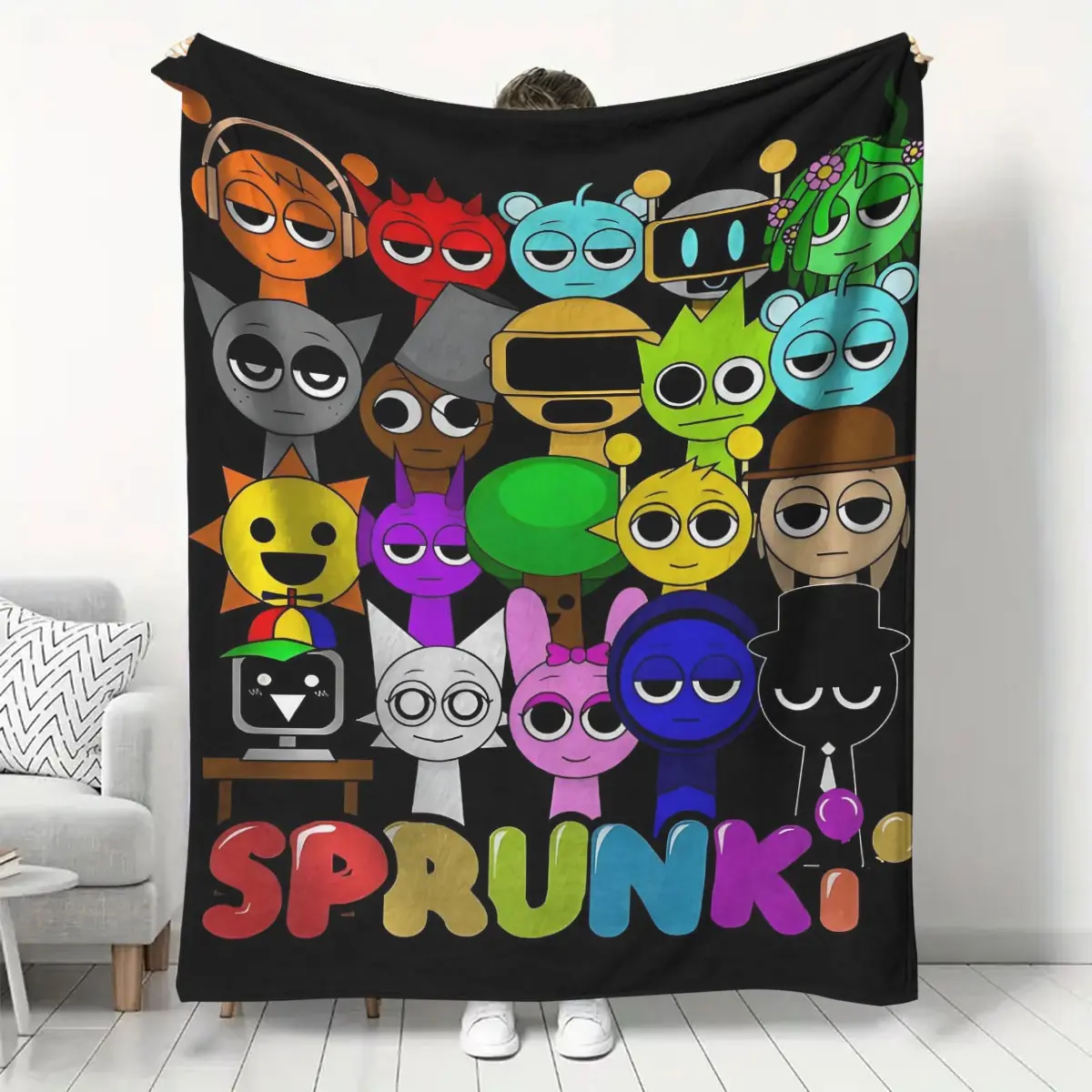 Sprunki Theme Flannel, Soft and Comfortable, Soft Comfy Blanket, Background with Colorful Cartoon Images, Fun and Quirky Design, Home Decor, Decorative Blanket, Flannel Throw Blankets, Cartoon Pattern Blanket, Cozy Throw Blanket, Soft Warm Throw