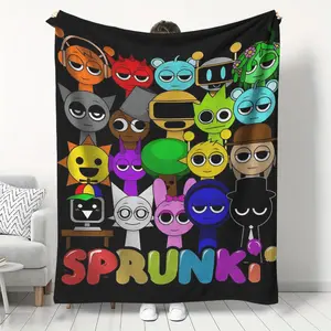 Sprunki Theme Flannel, Soft and Comfortable, Soft Comfy Blanket, Background with Colorful Cartoon Images, Fun and Quirky Design, Home Decor, Flannel Throw Blankets, Cartoon Pattern Blanket