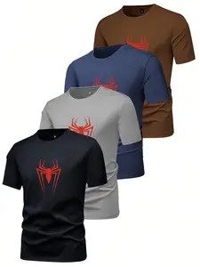 4-Piece Short Sleeve T-Shirt Set for Casual and Sports Wear, Spider Pattern Print, Quick-Dry Breathable Fabric, Unisex Apparel