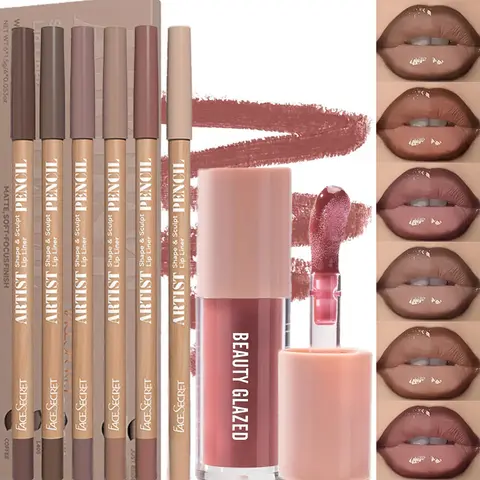 7pcs/Set Long Wear High Shine Lip Gloss Combo – Hydrating, Fresh, Lightweight & Plumping Lip Gloss with Nude-Brown Lip Liner, Non-Sticky Liquid Lipstick Collection