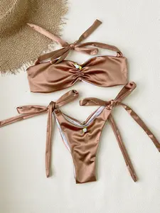 2026 new women’s halter two-piece swimsuit set, fashionable micro bikini with fine shimmer tie details, ideal for holidays, casual beachwear, pool parties, and hot spring wear