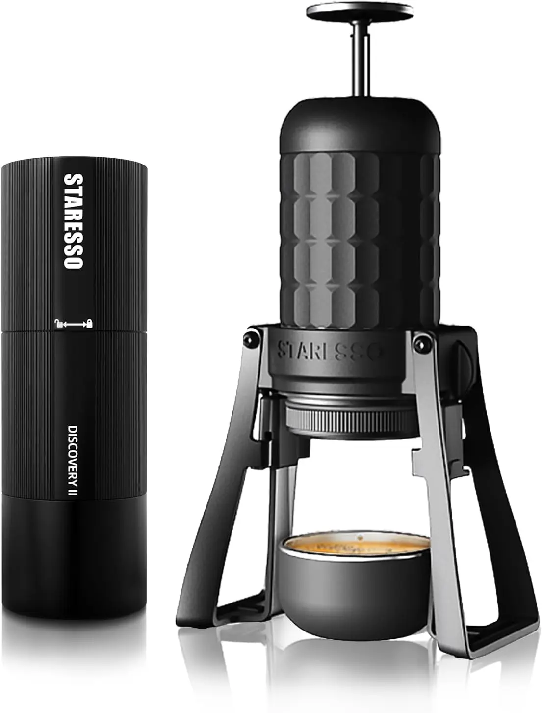 STARESSO PLUS Portable Manual Pump Coffee Machine & Discovery II PLUS Electric Coffee Grinder - All-Metal Stainless Steel Body, Compact, Foldable Design, Segmented Press, 48 Settings, Easy to Clean, On-the-Go Home Use