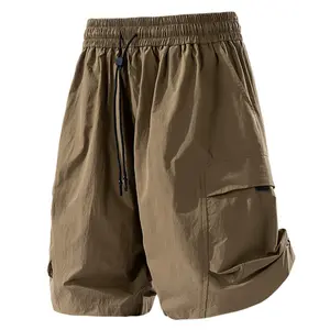 Summer solid-color drawstring elastic-waist multi-pocket straight shorts for men—casual, lightweight, breathable American youthful trendy cargo shorts for everyday wear, outdoor sports, and vacations.