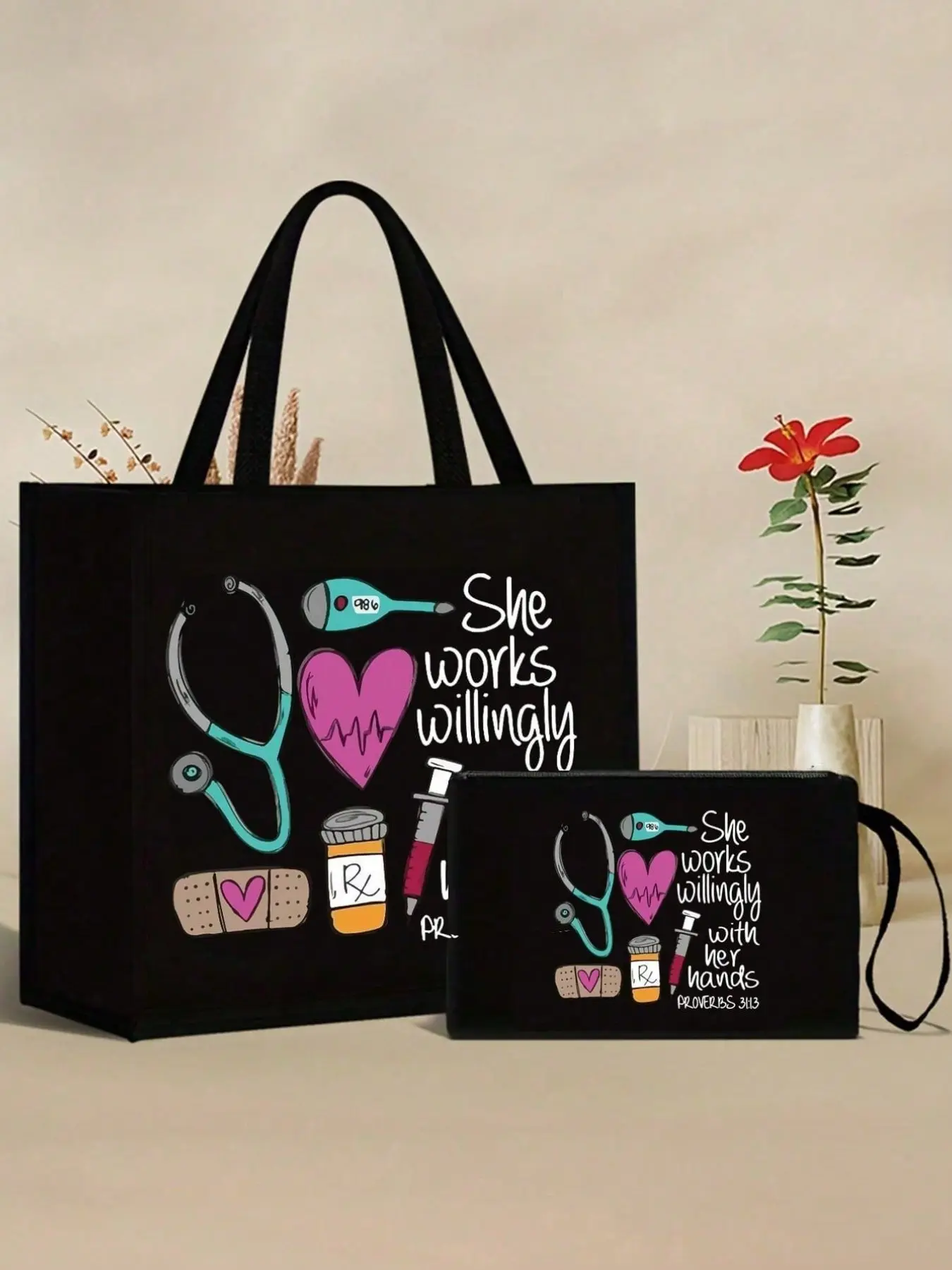 Nurse-themed tote bag and makeup bag set – casual fabric tote bag featuring stethoscope/heart/syringe/band-aid/thermometer patterns and the phrase 'She willingly works with both hands'; large-capacity makeup bag Cosmetic Bag Cosmetic Travel Bags