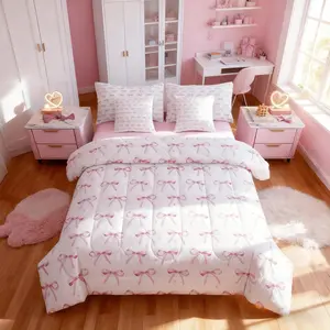 7 Pieces Pink Bowknot Bedding,Cartoon Bow Tie Comforter Sets,Butterfly Knot Princess Watercolor Bow Comforter