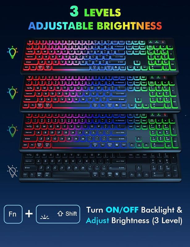 Wireless Keyboard and Mouse Combo - RGB Backlit, Rechargeable & Light Up Letters, Full-Size, Ergonomic Tilt Angle, Sleep Mode, 2.4GHz Quiet Keyboard Mouse for Mac, Windows, Laptop, PC