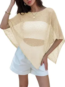 Women Sheer Knit Beach Cover Up Sexy Lightweight Poncho Swimsuit Cover Up Summer Vacation Resort Wear