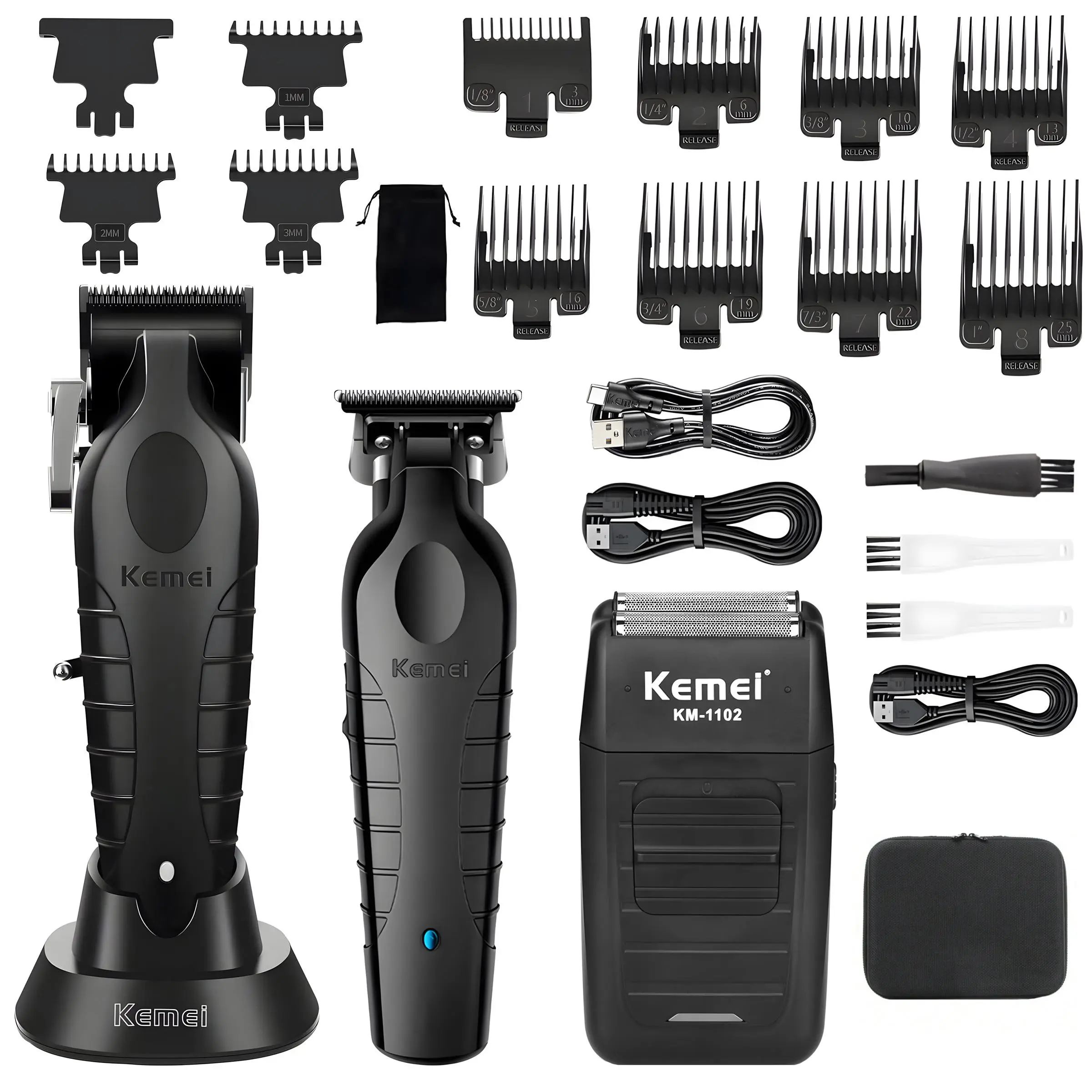 Kemei Men's Electric Hair Clipper Set, 3 Piece Combo, Professional Shaver & Trimmer, Long Lasting Battery Life, Comfort Grip