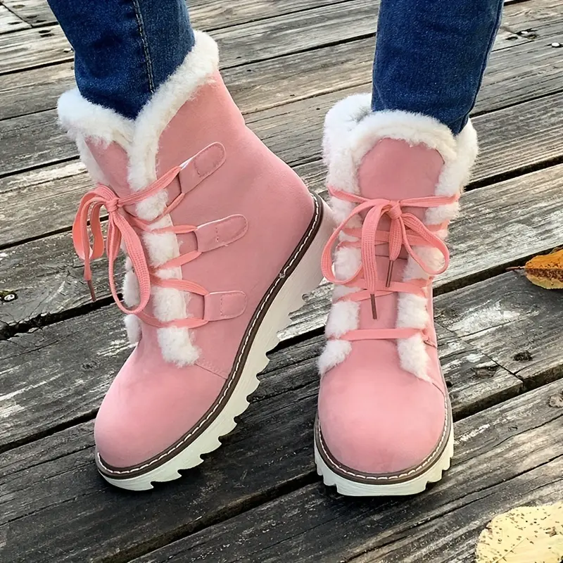 Cozy Pink Women's Winter Snow Boots - Plush Lined, Thermal Faux Fur-Trimmed Mid-Calf Boots with Flat Sole, Lace-Up Closure & Side Pockets for Casual Wear