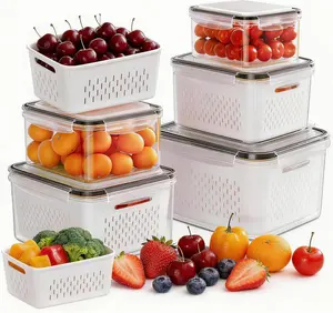 4 Pack Large Fruit Containers for Fridge - Leakproof Food Storage Containers with Removable Colander - Dishwasher & microwave safe Produce Containers Keep Fruits, Vegetables, Berry, Meat Fresh longer