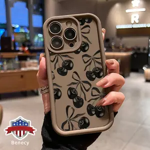 TPU Phone Case for iPhone 15 16 14 Pro Max 13 12 11 XR XS Plus E Black Cherry Pattern Anti-Scratch Shockproof Soft Silicone Protective Cover Smartphone Casing