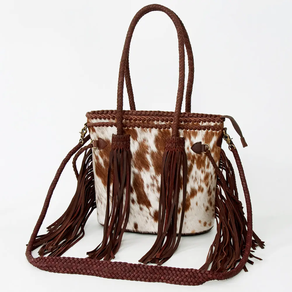 American Darling Tote Bag, Genuine Hair-On Cowhide & Leather with Fringes, Braided Handles Crossbody, 11in (H) X 12in (W)