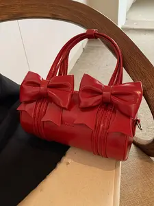 Women's Elegant Bowknot Design Solid Color Handbag with Detachable Strap, Fashionable Zipper Closure PU Leather Boston Bag for Daily Used, Casual Trendy Versatile High-quality Daily Commuting Bag