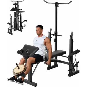 7 IN 1 Weight Bench Set with Squat Rack, Adjustable Bench Press Set with Leg Extensions and Preacher Curl Machine, Foldable Workout Bench with Lat PullDown Fitness Strength Training for Home Gym