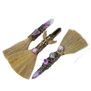 Besom/Broom Natural Crystal Point Stone Amethyst Altar Witch Supplies Table Decoration Family Tree Charms Feather Broom Crafts Halloween Decor