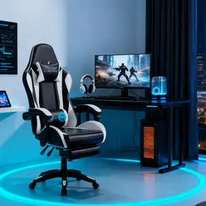 【Black Friday】Mr IRONSTONE Gaming Chair with Speakers and Led Lights Ergonomic Massage Computer Gaming Chair with Broaden Cusion and Footrest High Back Video Game Chair for Adults Kids Boyfriend Father's Gift, Blue Black and Pink