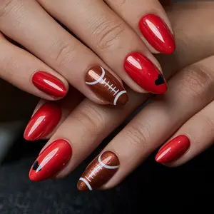 Curvlife medium almond heart Nail Art Press On Nails  pearl red glossy shiny for football 2 Week Wear