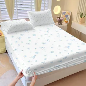 Blue bow fitted sheet, bed sheet set,Home Furnishings Bedroom Decoration,including 1 bed sheet and 2 pillowcases,anti slip dust cover suitable for bedrooms and guest rooms,suitable for personal use or gift giving
