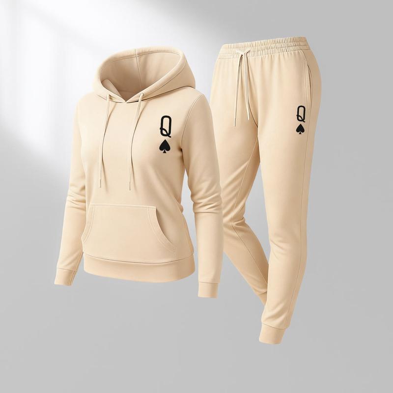 Women's Queen Spade Print Hoodie And Drawstring Track Pants Set, Casual Sportswear, Long-Sleeved Hooded Jacket And Pants, Suitable For Autumn And Winter, Everyday Wear, Indoor And Outdoor Sportswear, Casual Sportswear.