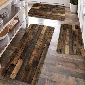 2/3pcs vintage wooden pattern kitchen carpet, comfortable and soft flannel floor mat, anti slip and anti fatigue kitchen carpet, suitable for kitchen, laundry room, entrance door, home kitchen decoration, Farmhouse Kitchen Rugs, Washable Runner Rugs