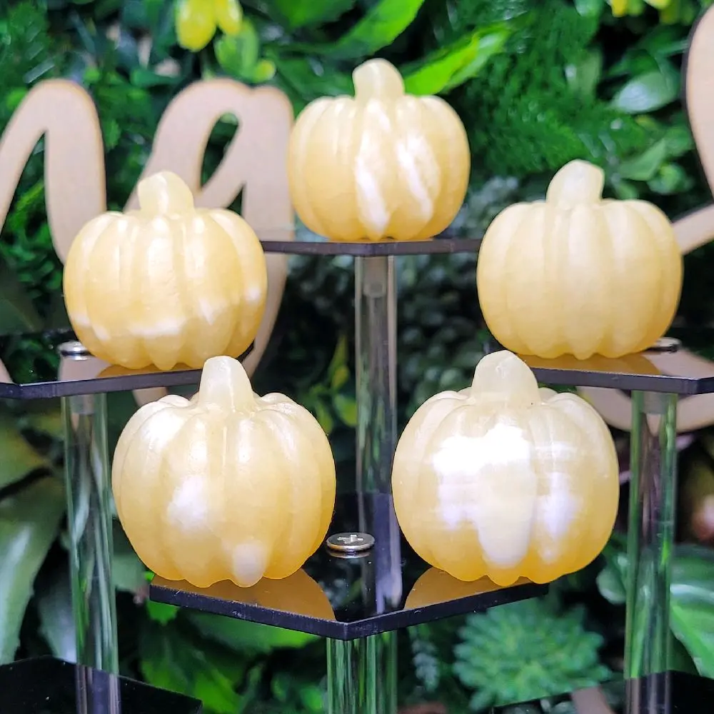 Golden Harvest Yellow Calcite Pumpkin Carvings Hand-Carved with Soft Glossy Glow for Fall Décor and Crystal Collections