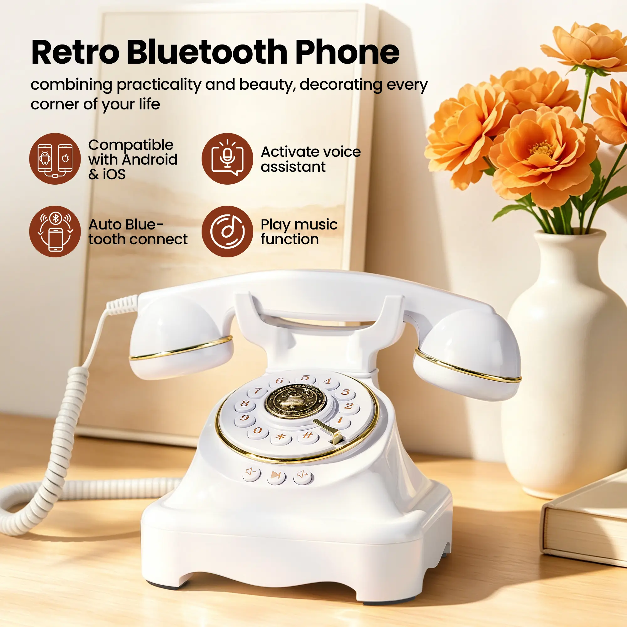 Retro Bluetooth phone with hands-free calling, music playback, voice assistant activation,Volume control, and USB charging, suitable for office, living room, and bedroom use,less screen time phone,bluetoothhandset