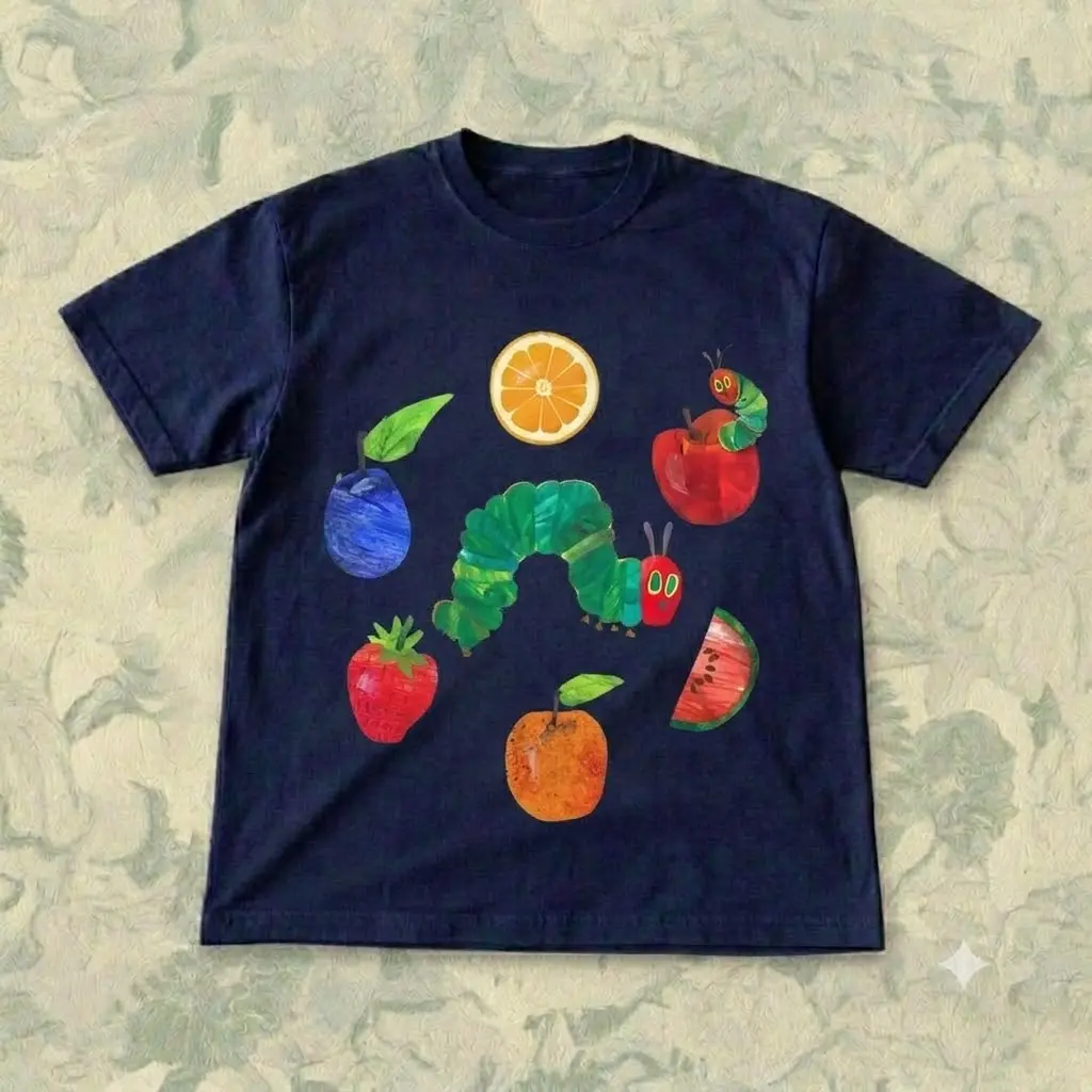 The Very Hungry Caterpillar Fruits Circle Graphic T shirt and Baby Tee | Vintage Eric Carle Storybook Art Streetwear | Teacher Kidcore Graphic Tee