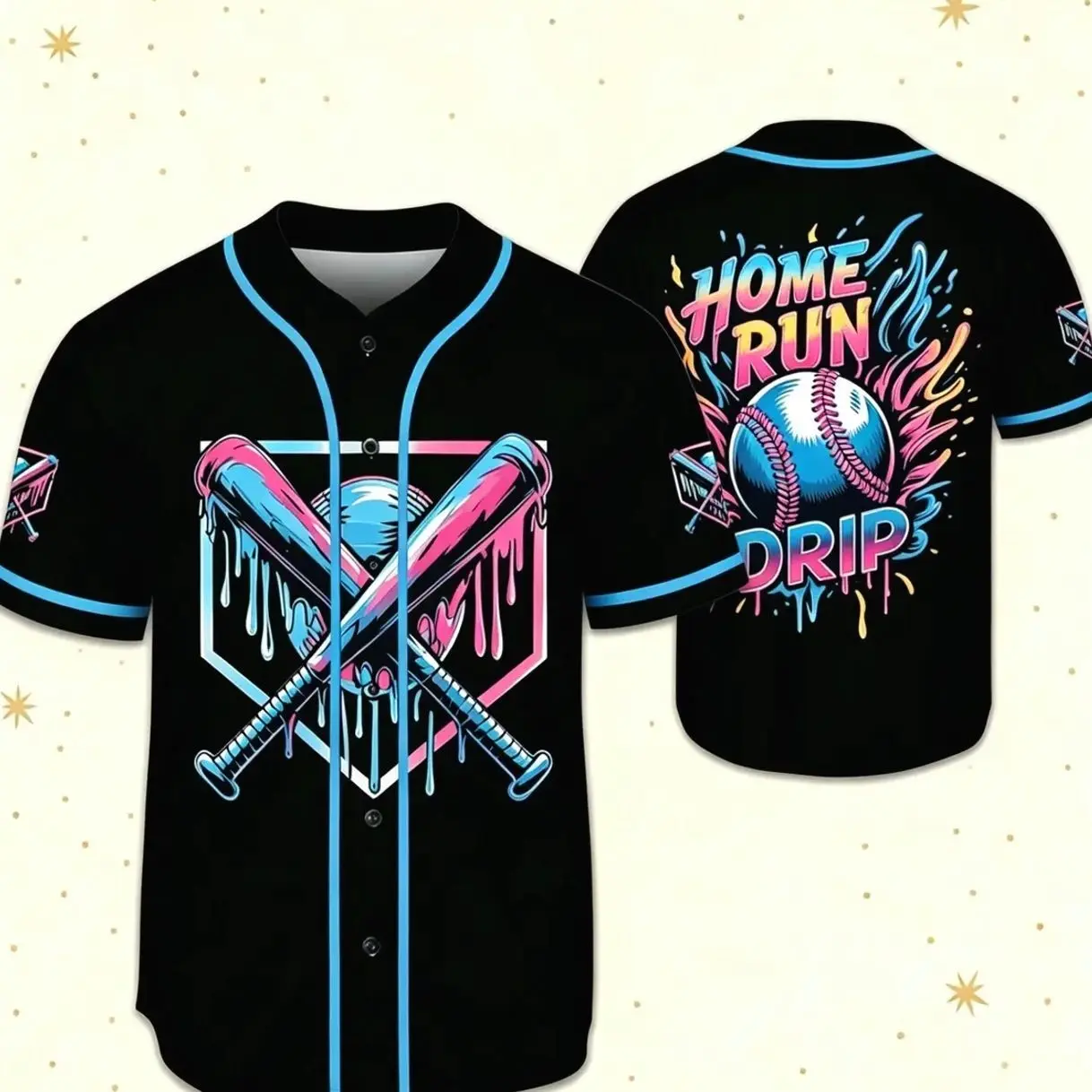 Home Run Drip Baseball Jersey, Colorful Graffiti Softball Graphic Button Up Shirt, Retro Streetwear Baseball Uniform For Game Day Outfits