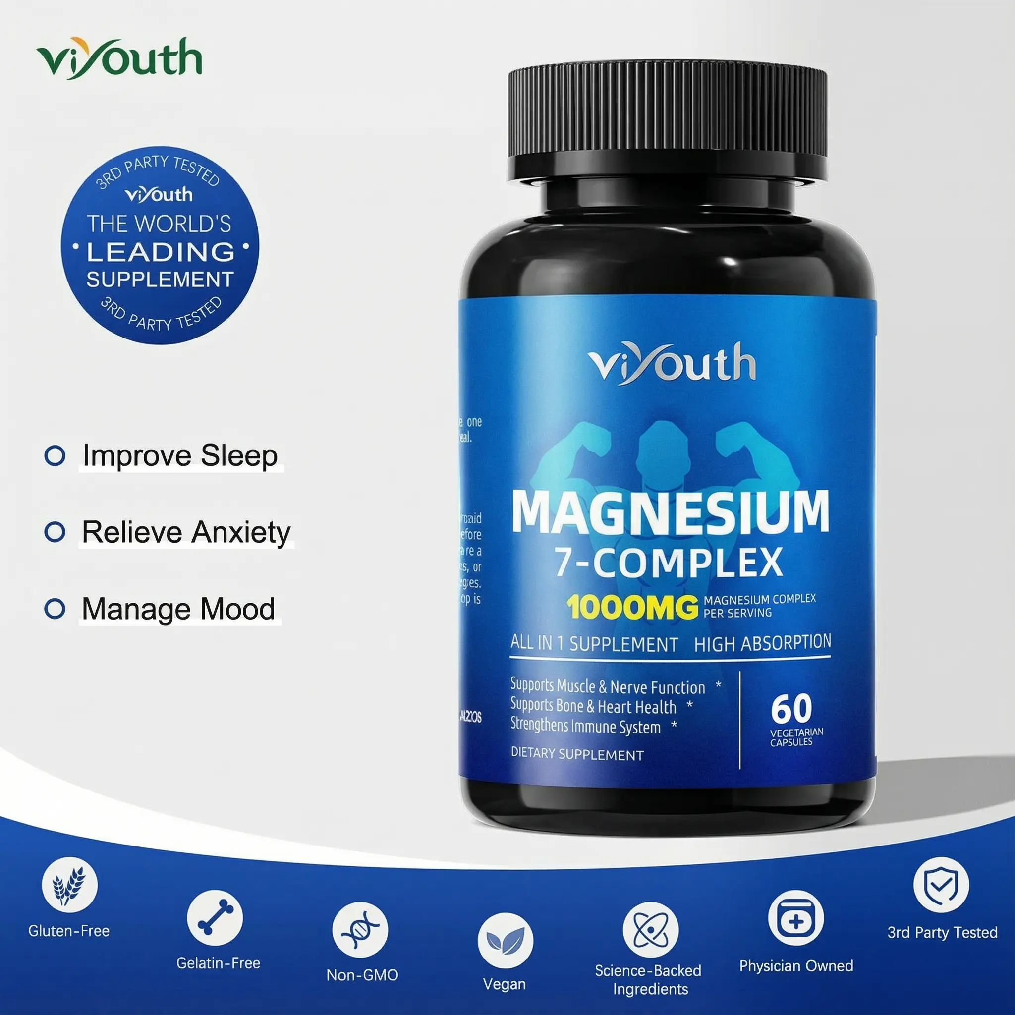 Viyouth 1000mg 10-in-1 Natural Magnesium Complex Supplement Capsules - Glycinate, Malate, Citrate for Sleep, Relaxation, Muscle Recovery - Vitamin Support for Nerve Function, Calmness, Bone Density, Digestive Health - 60 Count