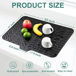 Silicone Dish Drying Mat with Built-in Drain Lip - Hygienic Drying Pad - Sturdy Compact Easy to Clean Tray Protects Surfaces Prevents Water Build Up - 23 X 17 (Black)