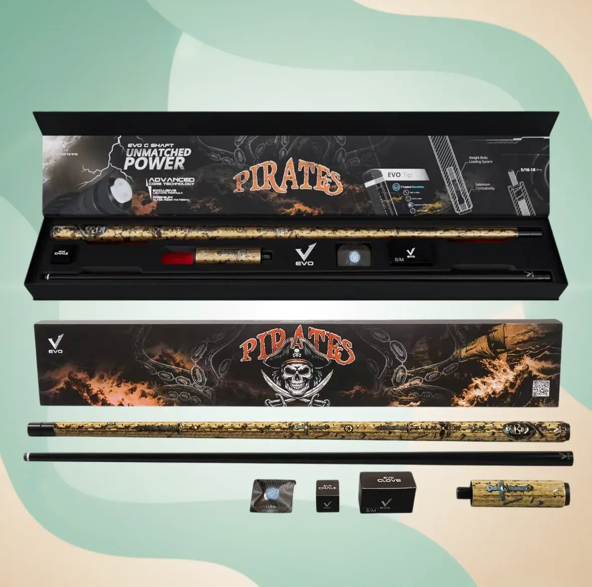 EVO Pirates Maxbing Edition – Golden Plunder | Premium Glass Fiber + Carbon Cue Kit for Bold Control & Power (29” Thin Conical Shaft, 12.5mm EVO Tip, 5/16-18 Joint, 19–19.5oz)