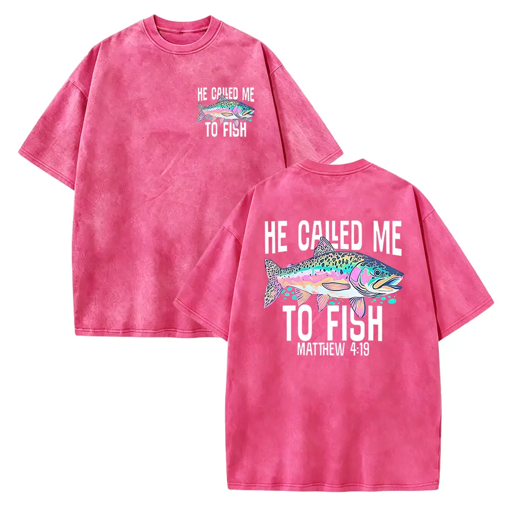 Retro Washed T-Shirt Double Sided Printed (230 Pure Cotton T-Shirt) 'HE CALLED ME TO FISH' Letter And FISH Pattern Print, Mens TShirt, Mens Shirt Casual, Comfortable, Fashionable T-Shirt, Street Style Cotton